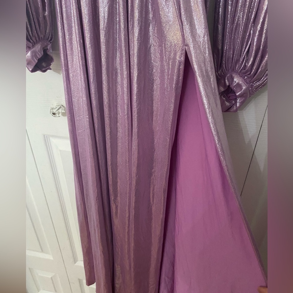 BRONX and BANCO Lavender Metallic Shimmer Long Sleeve Maxi Dress Gown Slit 2 - Picture 6 of 11